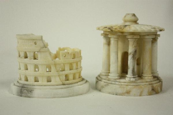 Two alabaster carvings Coliseum & Green Temple.: Coliseum & Green Temple. Approx. 3"