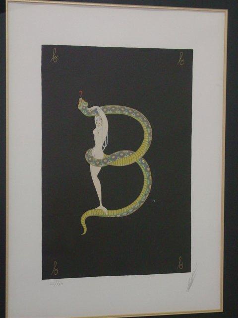 Erte color silkscreen "Letter B" signed -1976: With COA & receipt. Discontinued. Approx. 15.5" x 10.5"