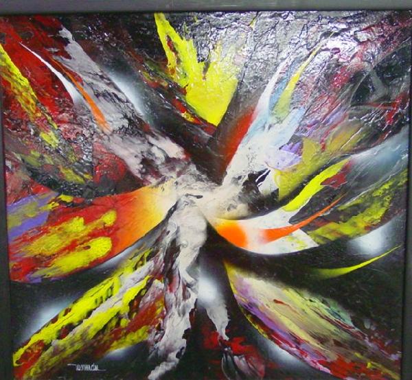 Framed abstract acrylic painting signed Nierman: "Kaleidoscope of Colors". On board. Signed lower left. Artist:Leonardo Nierman, Mexican born 1932. From Mexican art collector. Approx. 25" x 23"