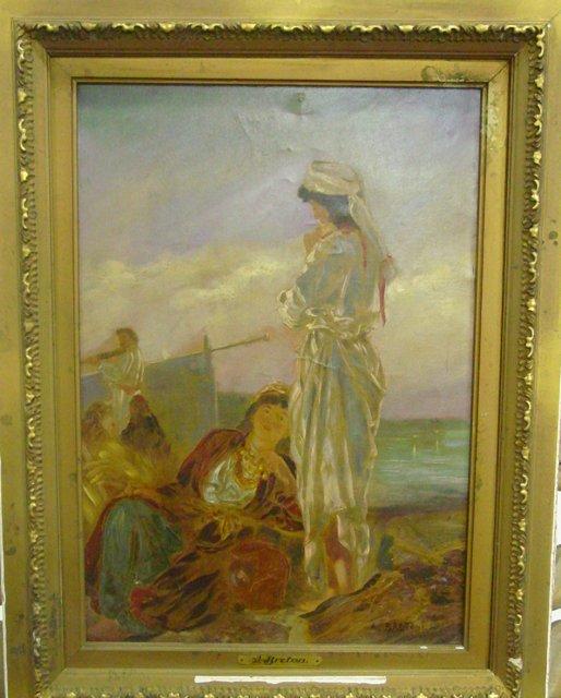 Framed oil painting over print signed A. Breton: "Two Woman & Violin Player by the Sea". Signed lower right. Artist: Andre Breton, French, 1896-1966. Old repairs. Approx. 20" x 14"