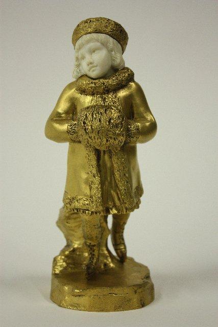 Bronze & ivory signed Th. Somme: "Girl with Skates & Muff". Approx. 7.5" H