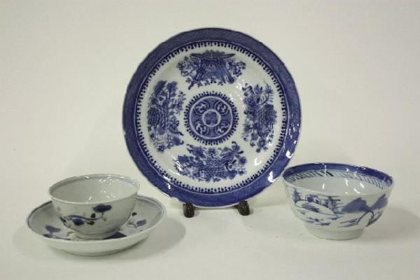 Group of 4 18th c. Chinese porcelains: Includes: The Nonking Cargo tea cup & 1-5.5" Diam. saucer, 1-7.75" Diam. blue & white plate, 1-4.25" Diam. blue & white bowl.