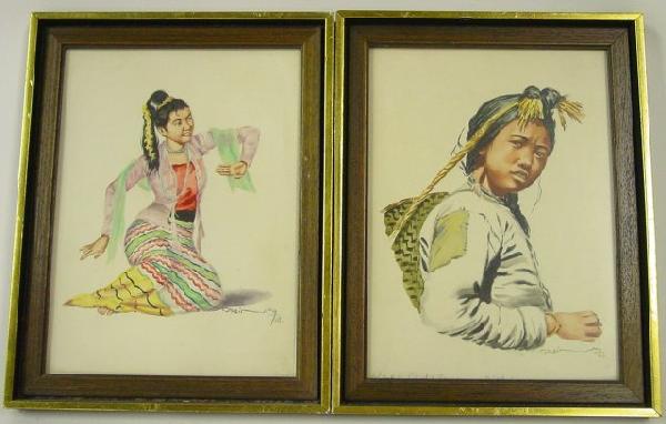 Pair framed watercolors "Naga Girl" & "Dancer": Approx. 9.5" x 6.75". From the estate of Maurice Greenberg.