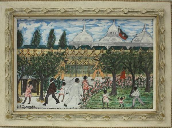 Haitian historical painting signed G.E. Ducasse: Framed on masonite. "Le Palais/National et Casernes des Salines A Port-au-Prince". Approx. 16" x 24". Purchased before 1975. From the estate of Maurice Greenberg. Approx. 29 5/8" x 21 5/8" with frame.