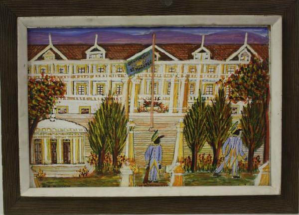 Haitian historical painting signed G.E. Ducasse: "La Citadelle Sitau A Milot Nord". Purchased before 1975. From the estate of Maurice Greenberg. Approx. 28 7/8" x 20 7/8" with frame with frame, 16" x 24 unframed. Very good condition.