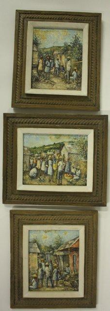 Three Haitian oil paintings signed Ernst Louizor: All framed, on canvas "Street Scenes". All Approx. 8.5" x 10". All Purchased in 1973. All from the estate of Maurice Greenberg.