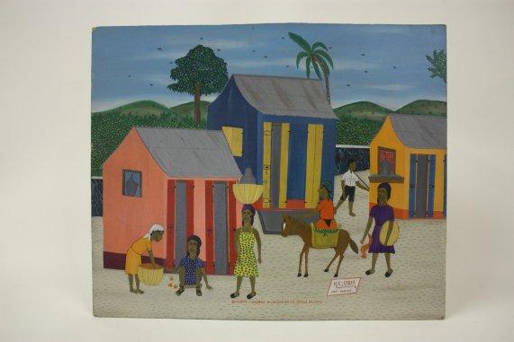 Haitian painting on masonite signed H.C. Obin: Unframed "Quelques Paysans au Bours de La Plaine du Nord". Approx. 20" x 24". Purchased before 1975. From the estate of Maurice Greenberg.