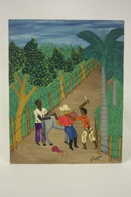 Haitian painting on masonite signed G. Polycarpe: Unframed "A Robbery". Approx. 16" X 20". Purchased in 1974. From the estate of Maurice Greenberg.