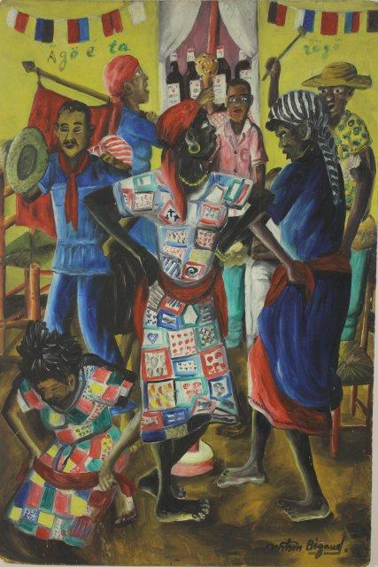 Haitian painting on masonite signed Wilson Bigaud: Unframed "Voodoo Ceremony with writing on wall "A Goe Tazogo". Purchased before 1975. Approx. 16" x 24". From the estate of Maurice Greenberg. Crease in corners, otherwise good condition.