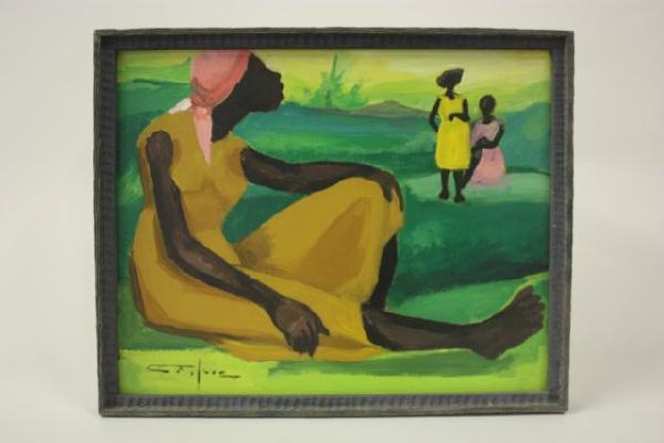 Haitian painting on canvas signed Dieudonne Cedor: Framed "Study of Women". Approx. 20" x 16". Purchased in 1973. From the estate of Maurice Greenberg.