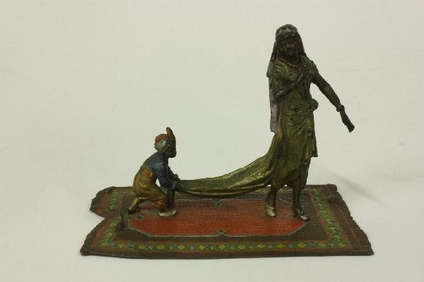 Viennese cold patinated bronze: Depicting "Princess & Nubian Child Holding Veil". Approx. 6" x 4" x 4.25" H. From the estate of an anonymous Orientalia collector in Edison, New Jersey.