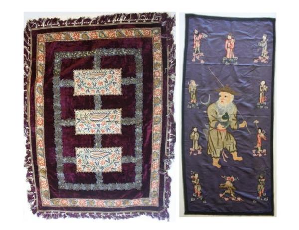 19th c. Chinese hanging silk wall hang & tapestry: 1-72" H x 27" W handmade depicting "11 Gods" Founder of Taoism & other gods (fraying in some areas). 1-42" x 60" W Chinese handmade velvet silk & wool decorative tapestry with tassles, ca. 1900.