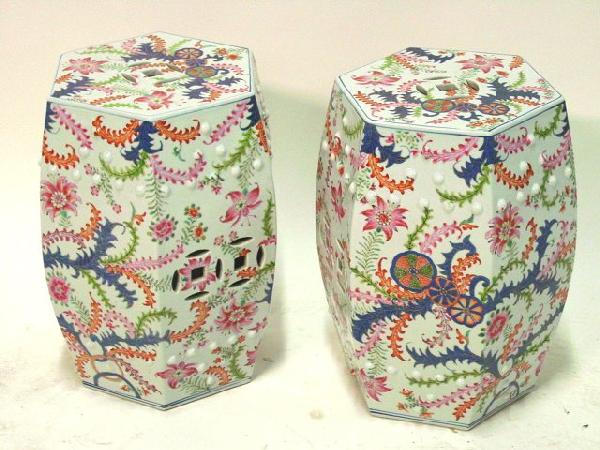 Pair 20th c. blue tobacco leaf garden stools: Approx. 19.5" H