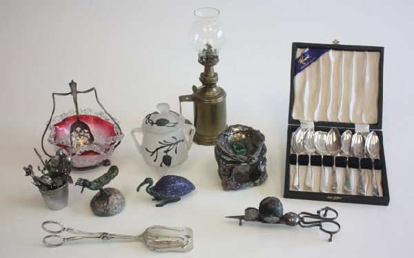 Box lot assorted smalls silver, silverplate: Includes: silver plate Sheffield spoons, candle snuffer, Israeli silver & glass jar, antique French oil lamp, glass covered jar & others. From the NYC estate of Milton & Dorothy Nowack.