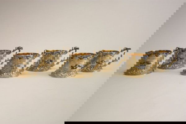 Set of 6 gilt silver & silver tea cup holders: With Russian hallmarks. Approx. 3" H