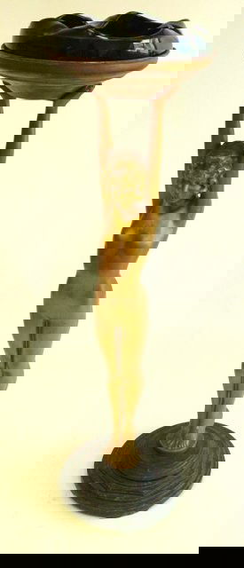 Art Deco figural Nuart ashtray: Approx. 7.25" Diam. x 27.5" H. Unsigned Frankart figural base.