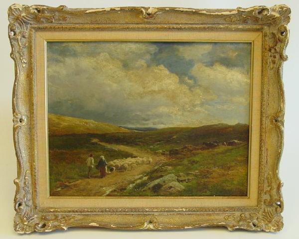 Gilt framed oil painting signed David Bates 1898: On canvas "On My Way to Testining". North Wales. Approx. 14" x 18". Artist signed lower right.