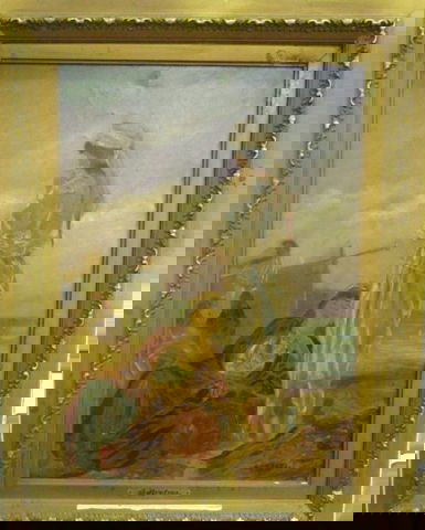 Framed oil painting over print signed A. Brenton: Two Woman & Violin Player by the Sea". Signed lower right. Artist: Andre Breton, French, 1896-1966. Old repairs. Approx. 20" x 14"