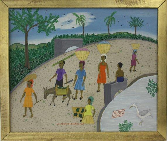 Haitian painting on masonite signed H.C. Obin: "Les Habitants sur la Route de Milot". Approx. 20" x 24". Purchased before 1975. From the estate of Maurice Greenberg.