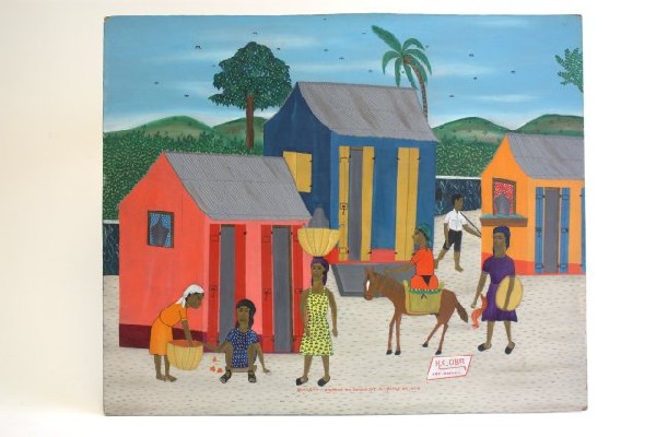 Haitian painting on masonite signed H.C. Obin: Unframed "Quelques Paysans au Bours de La Plaine du Nord". Approx. 20" x 24". Purchased before 1975. From the estate of Maurice Greenberg.