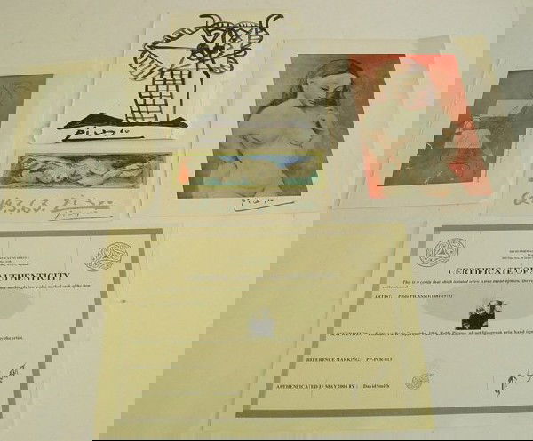 3 lithographs & 1 black ink drawing: From Pablo Picasso books. Lithograph of "Nude Woman" has certificate of Authenticity by David Smith.