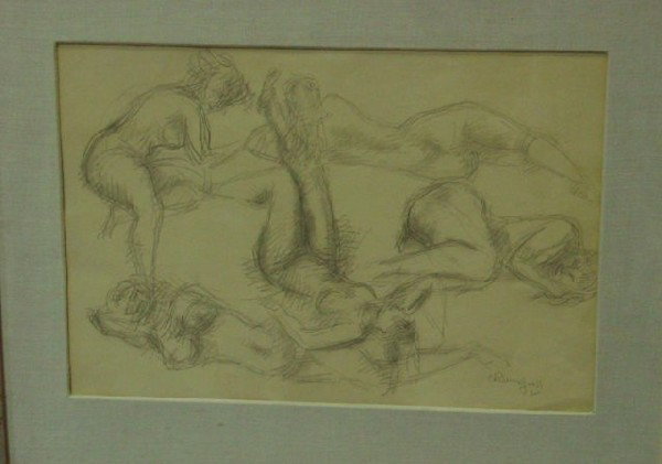 Signed Chaim Gross pencil drawing: Depicting "Five Nudes". Approx. 15" H x 21.5" W. From the NYC estate of Milton & Dorothy Nowack.