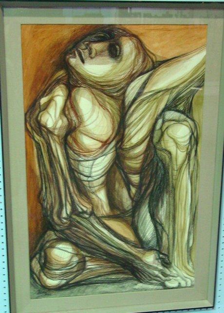 Framed acrylic resin on crayon by Arnold Belkin.: "Job, 1962". Sold at the Cober Gallery NY. Approx. 25" W x 39" H. From the NYC estate of Milton & Dorothy Nowack.