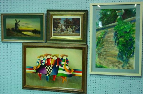 Group lot of 4 pictures: "Four Musicians", "Windmill" print, "Lute Players" print by Maxfield Parrish, "Fountain Scene". Approx. 10.75" x 17.5"-34" H x 22" W