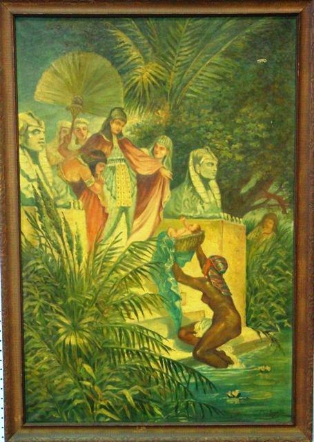 Oil painting "Orientalist" signed G. de Leon: Framed, on canvas. Artist signed. Small 1" rip. Approx. 40" x 27"