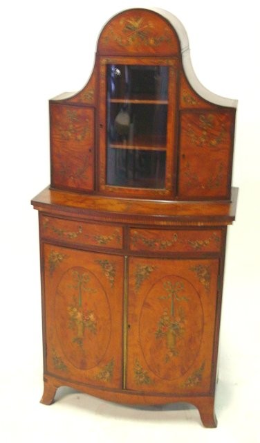 Adams style curio with dome top: Painted with floral design, bow front. Approx. 56" H x 26.25" W x 14.5" D