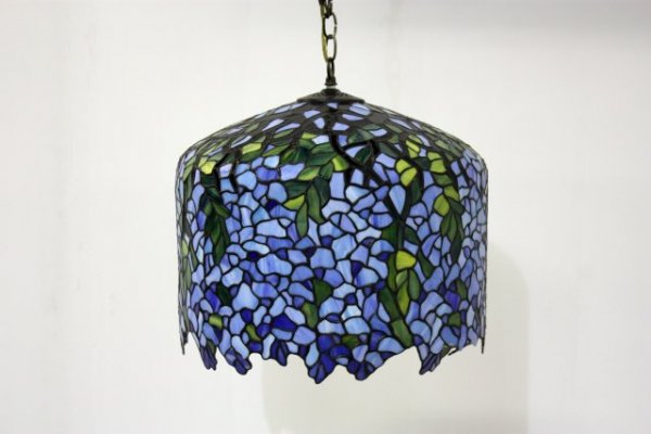 Blue leaded glass Tiffany type light fixture: Approx. 18" Diam. x 12" H