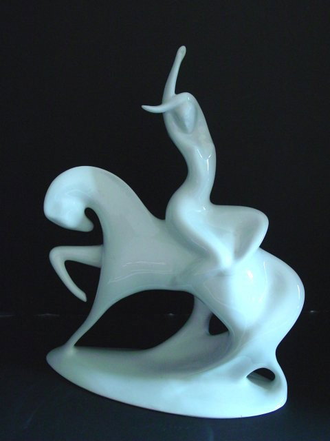 Royal Dux abstract white porcelain grouping: "Figure on Horse". With pink triangle stamp. Good condition. Approx. 15" H