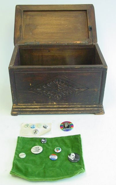 Carved box with John Lennon items: John Lennon memorial items. Also has political buttons & Betty Boop.