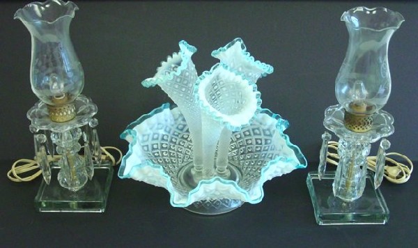 Epergne & Pair hurricane lamps: 1-11" H x 12" W hobnail blue & frosted epergne ca. 1920's. 1-13.25" H pair etched pair hurricane electrified lamps ca. 1930's.