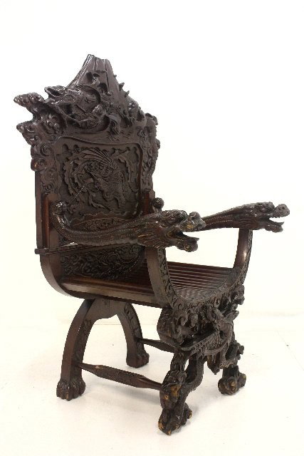 19th c. carved Oriental throne chair: With carved dragon arms & carved dragon back. Approx. 52" H x 31" W x 26" D