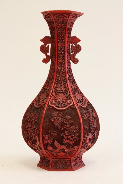 Cinnabar vase: As is. Approx. 18" H