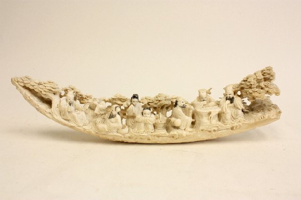 Ivory tusk with figurines: Approx. 17.5" w