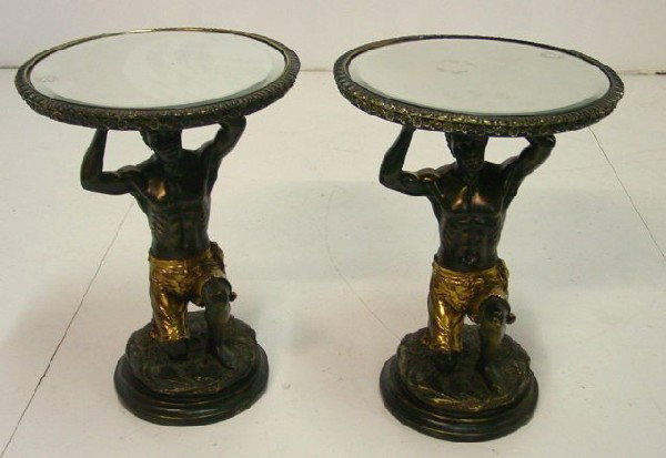 Pair figural paint decorated taboret tables: With bevelled mirror tops. Approx. 22" H x 16.25" D