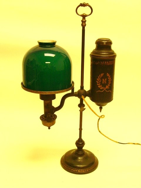 19th c. Napoleon student lamp & shade: Emeralite shade. With monogram.