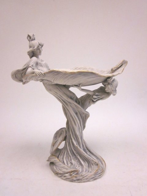 Royal Dux Art Nouveau centerpiece: With "Draped Women" holding leaf dish on both sides. Pink triangle underneath. Approx. 20" H x 17" W x 9" D