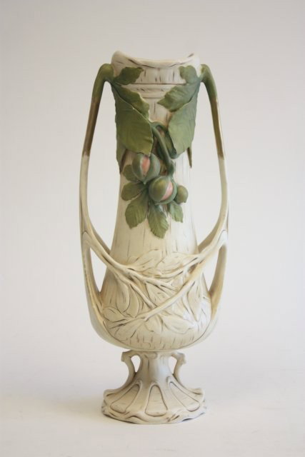 Royal Dux floral vase: With pink triangle mark. Small chip on leaf. Approx. 16.5" H