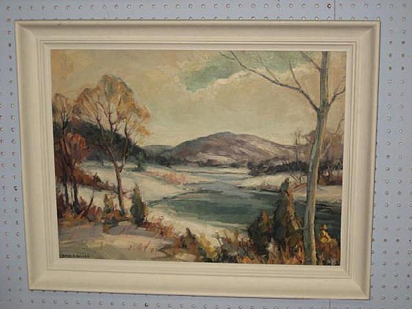 Oil painting on board signed Emile A. Gruppe: Framed, signed lower left. American artist. Approx. 18.25" x 2' W