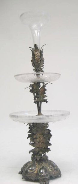 Silver & crystal epergne: 3 crystal inserts. Perfect condition. Approx. 28" h