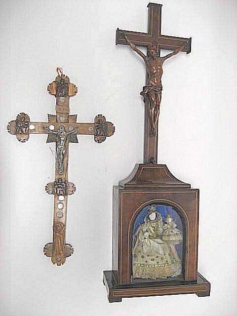 Jerusalem reliquary cross: Wood carved Christ on cross with shadow box of dressed Madonna and child. Cross approx. 19" h. in shadow box approx. 27.5" h