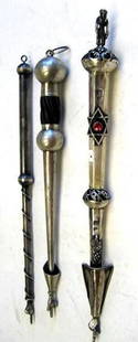 3 Torah pointers (Yads): 1-12" Russian silver, dated 1869. 1-10.5" French silver, 19th c.. 1-12" Austrian silver dated 1902. All stamped marks indicate dates, age & origin. We do not guarantee authenticity.