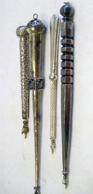 4 Torah pointers (Yads): 1-15.5"Russian silver 1860. 1-10" Middle Eastern 19th c.. 1-13" American early 20th c. . 1-10.5" Austria-Vienna early 20th c. All stamped marks indicate dates, age & origin. We do not guarantee authen