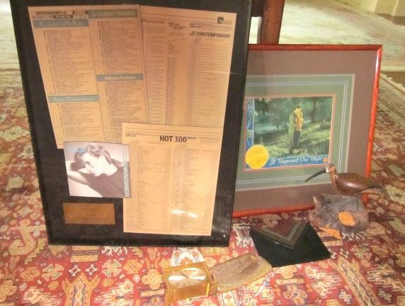Group lot assorted smalls: Jack Wagner memorabilia "It Happened One Night framed poster, Duck decoy, clock & 3 ladies purses. From a Rumson, NJ summer estate.