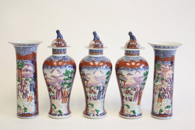 Rose Mandarin Chinese Export garniture set: 5 pcs. 3 covered urns, pair vases. Approx. 8.5"-10" H
