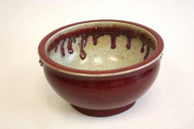 18th-19th c. Chinese Export Oxblood bowl: "Sang de Boef" with lion's handles. Approx. 10.5" W x 5.5" H