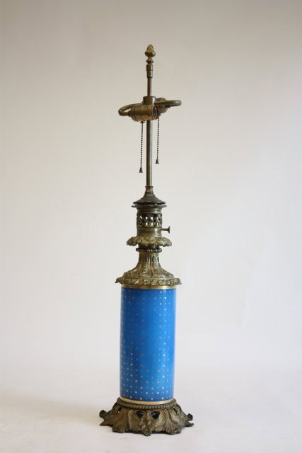 Converted blue opaline oil lamp: With brass fittings & base. Approx. 19" h